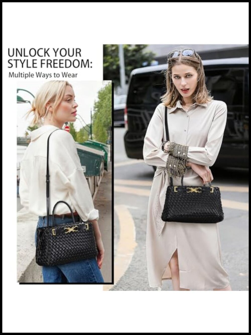 Vegan Leather Woven Tote Bag Crossbody Handbag Adjustable Strap Hobo - Picture 2 of 6